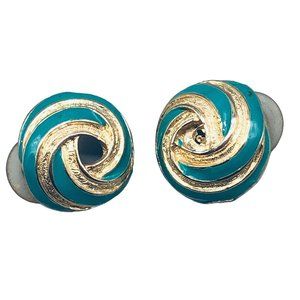 vintage costume earrings green gold swirl circle pierced READ